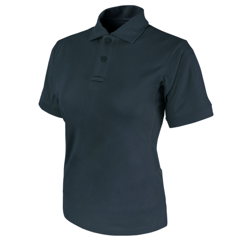 The Condor Womens Short Sleeve Performance Tactical Polo is a dark-colored, collared shirt with a three-button placket, ideal for law enforcement professionals, shown on a white background.