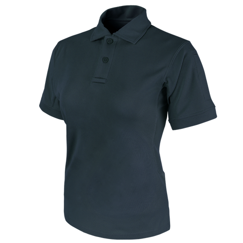 The Condor Womens Short Sleeve Performance Tactical Polo is a dark-colored, collared shirt with a three-button placket, ideal for law enforcement professionals, shown on a white background.