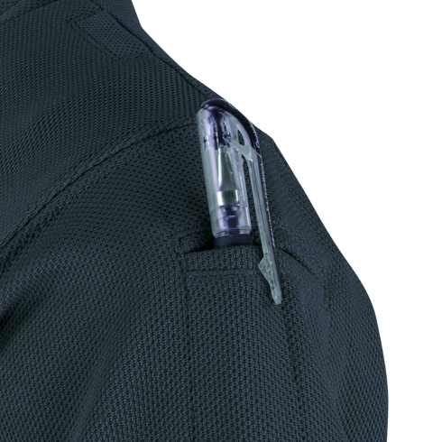 A close-up of a pen clipped into the shoulder pocket of the Condor Womens Short Sleeve Performance Tactical Polo, worn by a first responder.