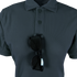The Condor Women's Short Sleeve Performance Tactical Polo in dark grey features three buttons and has a pair of black sunglasses hanging from the collar.