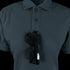 A Condor Womens Short Sleeve Performance Tactical Polo with three buttons features a pair of black sunglasses hanging from the middle buttonhole.