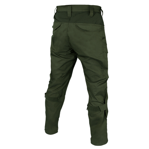 The Condor Paladin Tactical Pants in olive green are shown from the back, highlighting multiple pockets and adjustable leg straps.