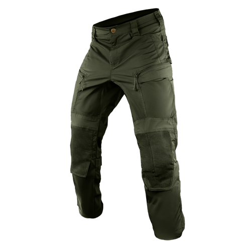 Condor Paladin Tactical Pants in olive green feature multiple zipper pockets, reinforced knees, and a button closure, shown against a plain white background.