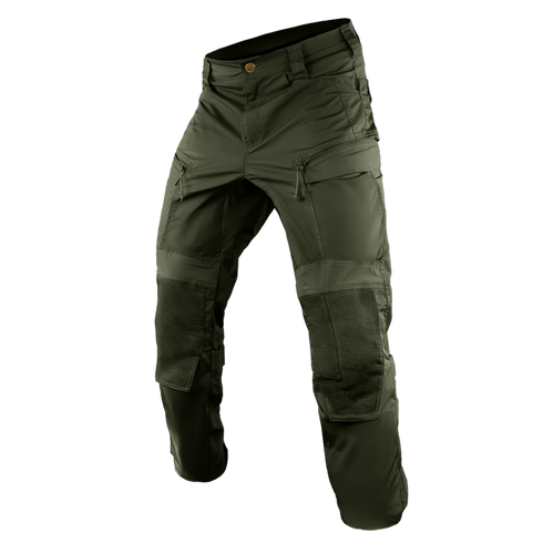Condor Paladin Tactical Pants in olive green feature multiple zipper pockets, reinforced knees, and a button closure, shown against a plain white background.