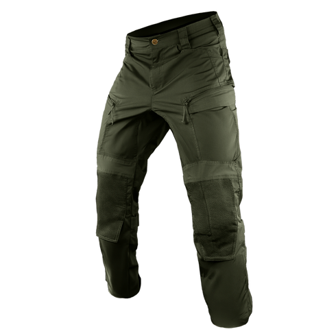 Condor Paladin Tactical Pants in olive green feature multiple zipper pockets, reinforced knees, and a button closure, shown against a plain white background.