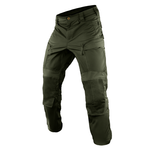 Condor Paladin Tactical Pants in olive green feature multiple zipper pockets, reinforced knees, and a button closure, shown against a plain white background.