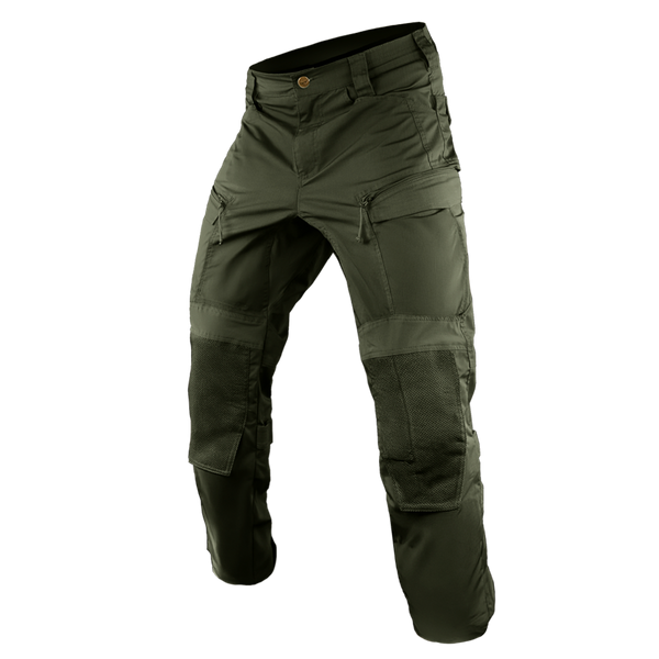 Condor Paladin Tactical Pants in olive green feature multiple zipper pockets, reinforced knees, and a button closure, shown against a plain white background.