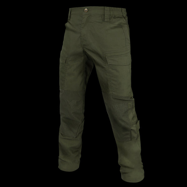 Condor Paladin Tactical Pants in olive green, featuring multiple pockets and reinforced knee patches, displayed on a white background.