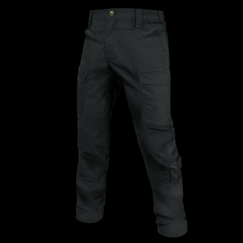 The Condor Paladin Tactical Pants are black cargo pants featuring multiple pockets, reinforced knees, and a button waist closure.