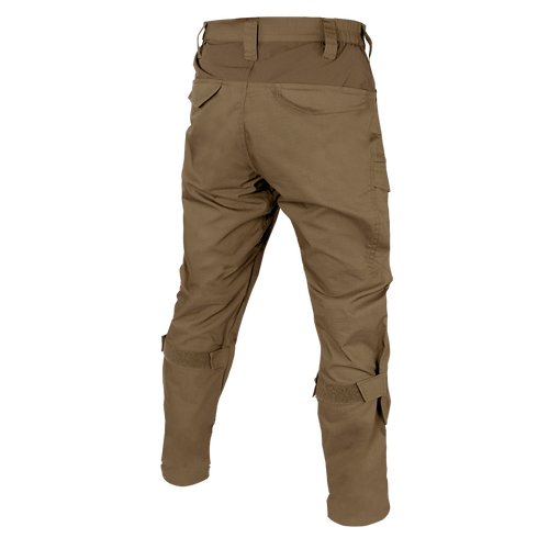 Back view of the Condor Paladin Tactical Pants in brown, featuring multiple pockets and adjustable knee and ankle straps, shown on a white background.