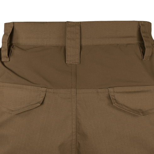 Close-up of the back waistband and upper section of Condor Paladin Tactical Pants in brown, highlighting two rear pockets and belt loops.