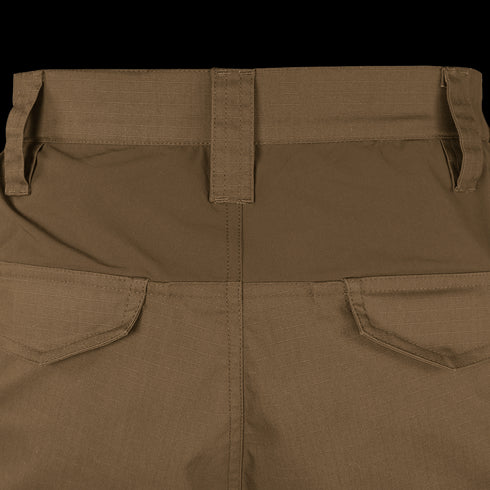 Close-up of the back waistband and upper section of Condor Paladin Tactical Pants in brown, highlighting two rear pockets and belt loops.