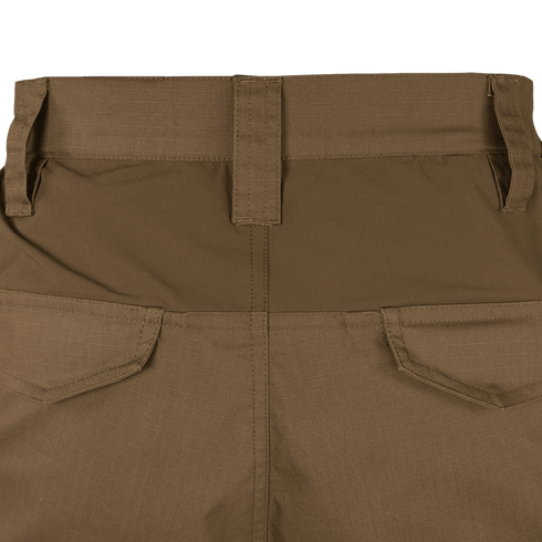 Close-up of the back waistband and upper section of Condor Paladin Tactical Pants in brown, highlighting two rear pockets and belt loops.