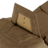 Close-up view of Condor Paladin Tactical Pants in tan, featuring a ballistic plate partially inserted into a pocket with hook-and-loop fasteners.