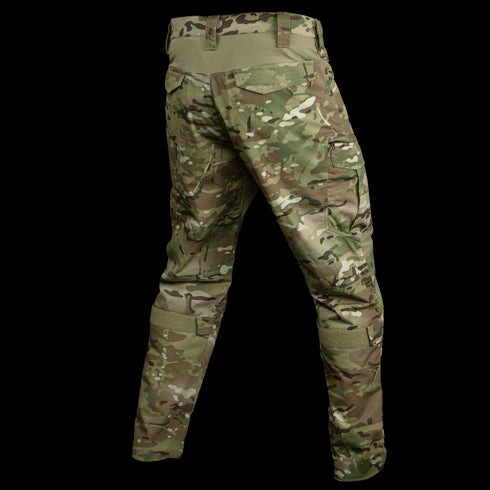 The Condor Paladin Tactical Pants in MultiCam are shown from the back, featuring reinforced knees and multiple pockets for military combat use.