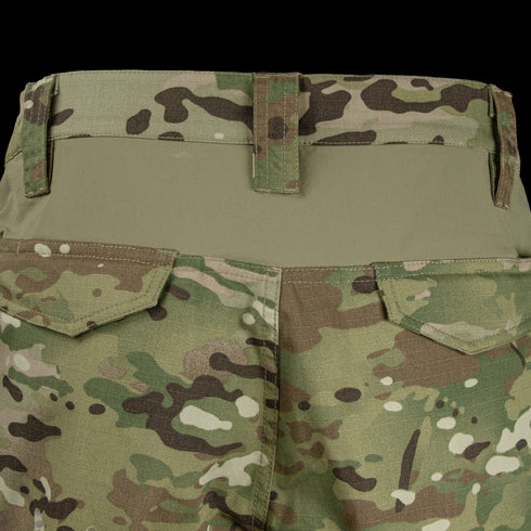 Close-up view of the back of Condor Paladin Tactical Pants - MultiCam, featuring two back flap pockets and a green waistband.