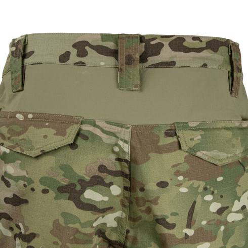 Close-up view of the back of Condor Paladin Tactical Pants - MultiCam, featuring two back flap pockets and a green waistband.