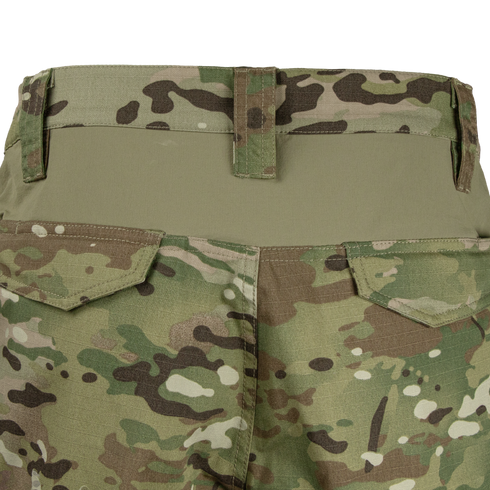 Close-up view of the back of Condor Paladin Tactical Pants - MultiCam, featuring two back flap pockets and a green waistband.