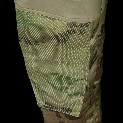 Close-up of Condor Paladin Tactical Pants in MultiCam, highlighting the camouflage-patterned fabric patch, detailed stitching, and contrasting textures.