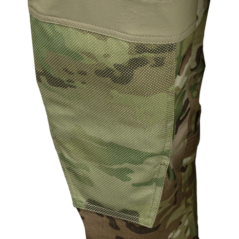 Close-up of Condor Paladin Tactical Pants in MultiCam, highlighting the camouflage-patterned fabric patch, detailed stitching, and contrasting textures.