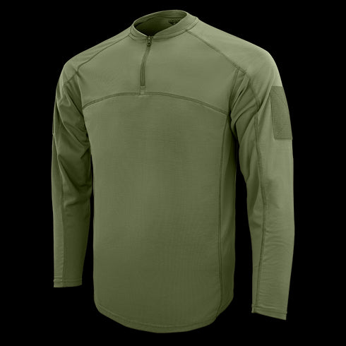 The Condor Trident Long Sleeve Battle Top is an olive green tactical shirt with a quarter-zip collar and patch area on the upper sleeve, shown on a plain background.