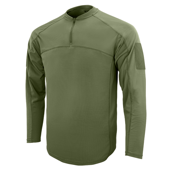 The Condor Trident Long Sleeve Battle Top in olive green features a half-zip front, zip collar, and upper sleeve patch panels, shown on a plain white background.