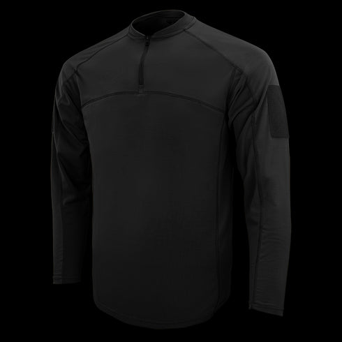 The Condor Trident Long Sleeve Battle Top features a black half-zip front, stand-up collar, and upper left sleeve patch area, shown on a plain background.