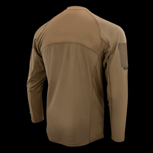The Condor Trident Long Sleeve Battle Top is shown from the back in brown, with a patch on the upper left sleeve and visible stitching along the seams.
