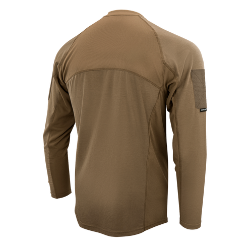 The Condor Trident Long Sleeve Battle Top is shown from the back in brown, with a patch on the upper left sleeve and visible stitching along the seams.