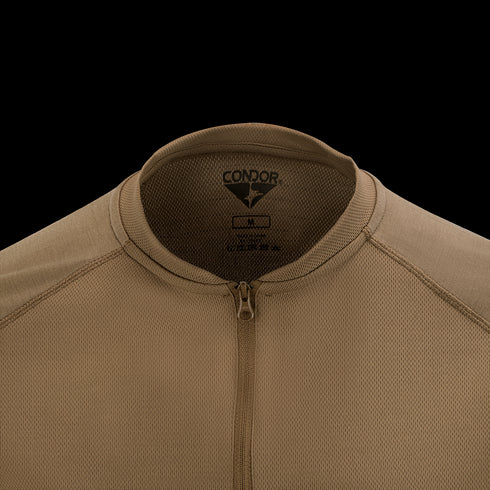 Close-up of the Condor Trident Long Sleeve Battle Top in tan, featuring a partial front zipper and reinforced stitching on the collar and shoulders.