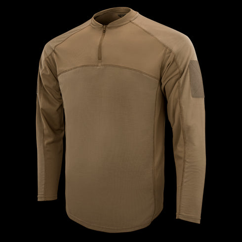 The Condor Trident Long Sleeve Battle Top features a tan color, quarter-zip collar, and Velcro patch on the upper sleeve, shown against a plain background.