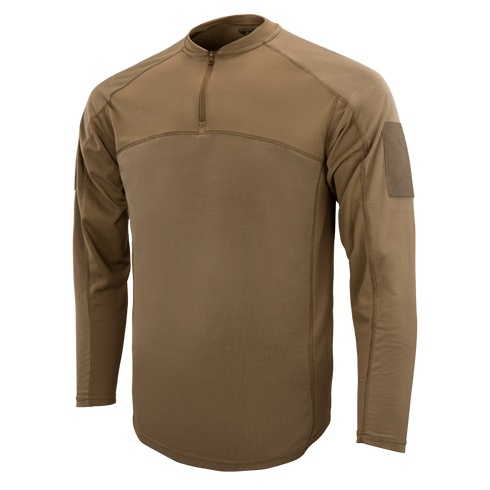 The Condor Trident Long Sleeve Battle Top features a tan color, quarter-zip collar, and Velcro patch on the upper sleeve, shown against a plain background.