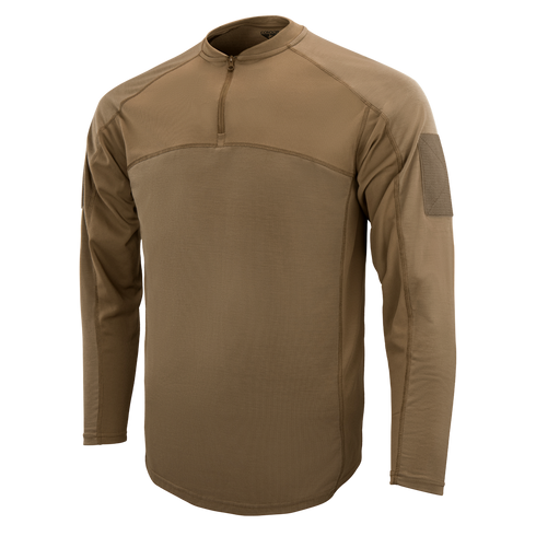 The Condor Trident Long Sleeve Battle Top features a tan color, quarter-zip collar, and Velcro patch on the upper sleeve, shown against a plain background.