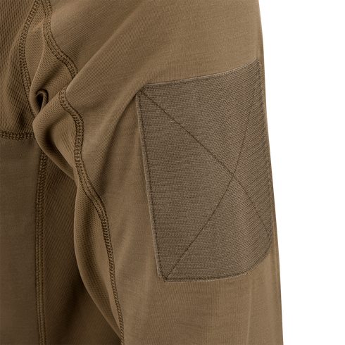Close-up of the Condor Trident Long Sleeve Battle Top in brown, featuring a reinforced fabric patch on the elbow and detailed stitching that highlights its durable texture.
