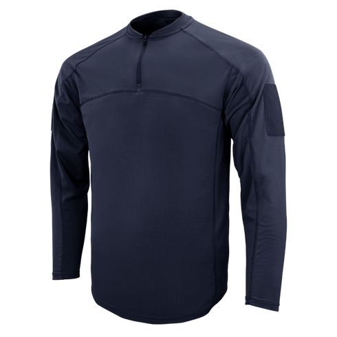 The Condor Trident Long Sleeve Battle Top is a navy blue tactical shirt featuring a quarter-zip collar, chest seam detail, and a patch area on the upper left sleeve.