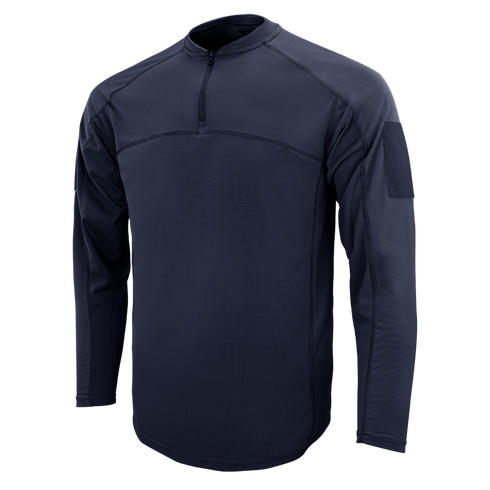 The Condor Trident Long Sleeve Battle Top is a navy blue tactical shirt featuring a quarter-zip collar, chest seam detail, and a patch area on the upper left sleeve.