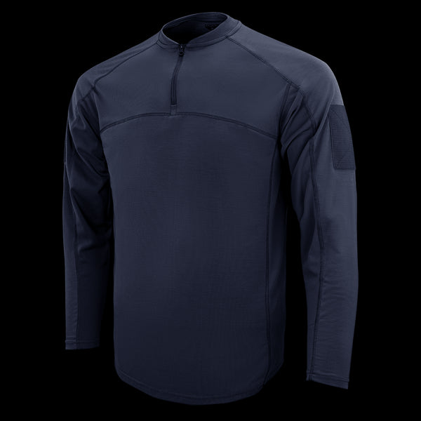 The Condor Trident Long Sleeve Battle Top is a navy blue tactical shirt featuring a quarter-zip collar, chest seam detail, and a patch area on the upper left sleeve.