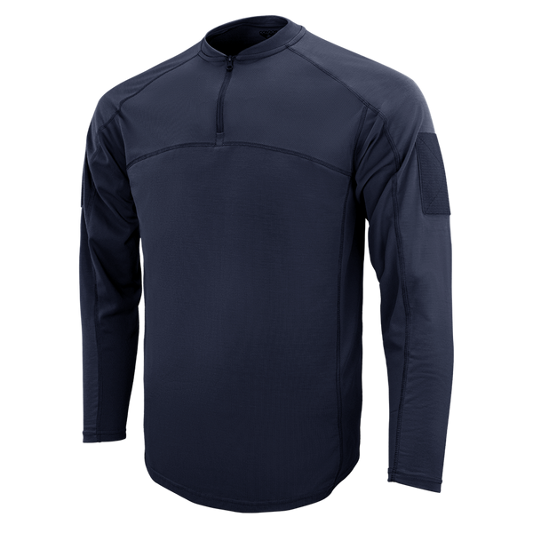The Condor Trident Long Sleeve Battle Top is a navy blue tactical shirt featuring a quarter-zip collar, chest seam detail, and a patch area on the upper left sleeve.