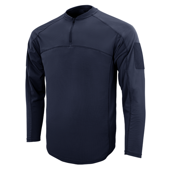 The Condor Trident Long Sleeve Battle Top in navy blue features a quarter-zip collar and patch section on the upper sleeve, shown on a plain white background.