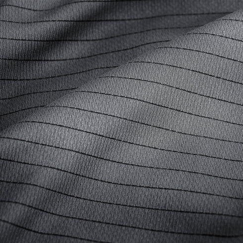 Close-up of the Condor Short Sleeve Performance Tactical Polo shows grey fabric with thin, evenly spaced black pinstripes running horizontally.