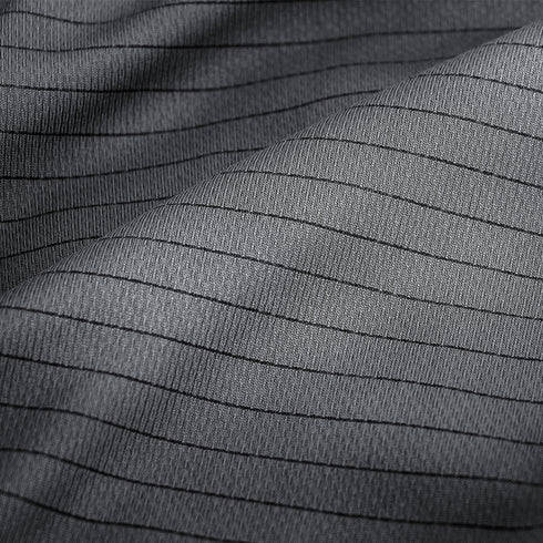 Close-up of the Condor Short Sleeve Performance Tactical Polo in gray, featuring thin, evenly spaced black pinstripes running diagonally across the fabric.