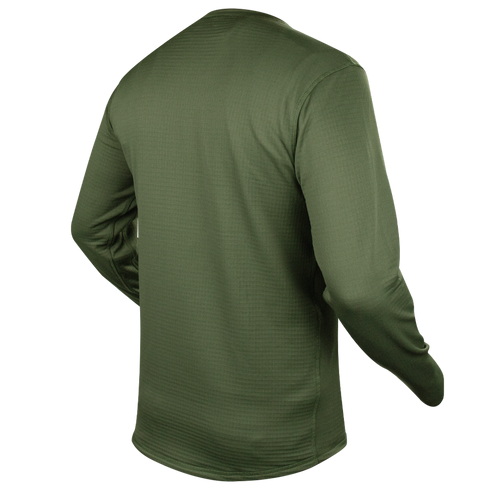 A person wearing the Condor Base II Crew Pullover in olive green, seen from the back against a plain background, gives off a military-inspired vibe.