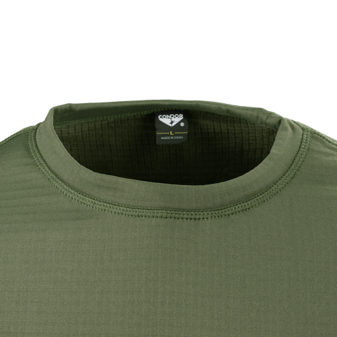 Close-up of the Condor Base II Crew Pullover in olive green, featuring a crew neck with a visible inside collar label. Ideal for law enforcement or shooting range use.