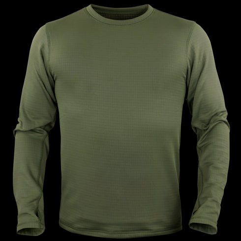The Condor Base II Crew Pullover, a plain olive green long-sleeve crew neck shirt, is perfect for bushcraft adventures or everyday EDC. Displayed on a featureless background.