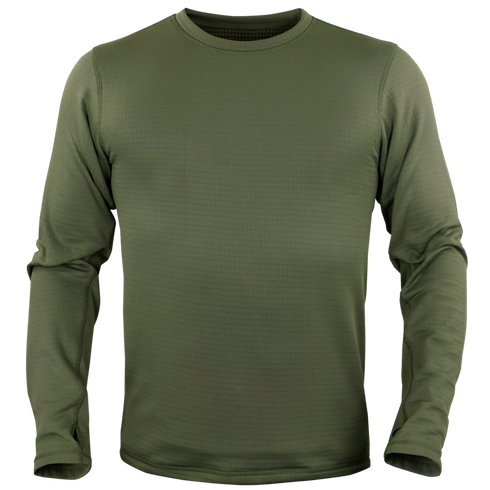 The Condor Base II Crew Pullover, a plain olive green long-sleeve crew neck shirt, is perfect for bushcraft adventures or everyday EDC. Displayed on a featureless background.