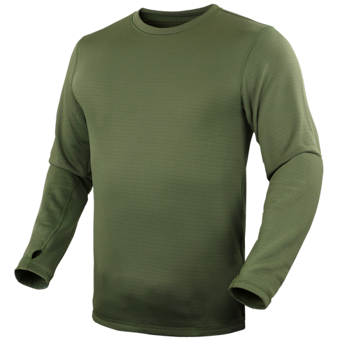 The Condor Base II Crew Pullover is an olive green, long-sleeve crewneck shirt with thumbholes—perfect for bushcraft adventures—shown on a plain background.