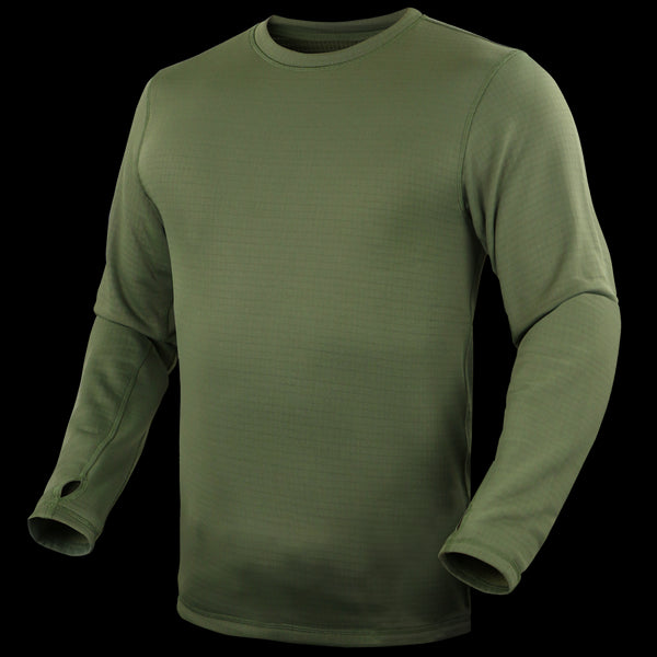 The Condor Base II Crew Pullover is an olive green, long-sleeve crewneck shirt with thumbholes—perfect for bushcraft adventures—shown on a plain background.