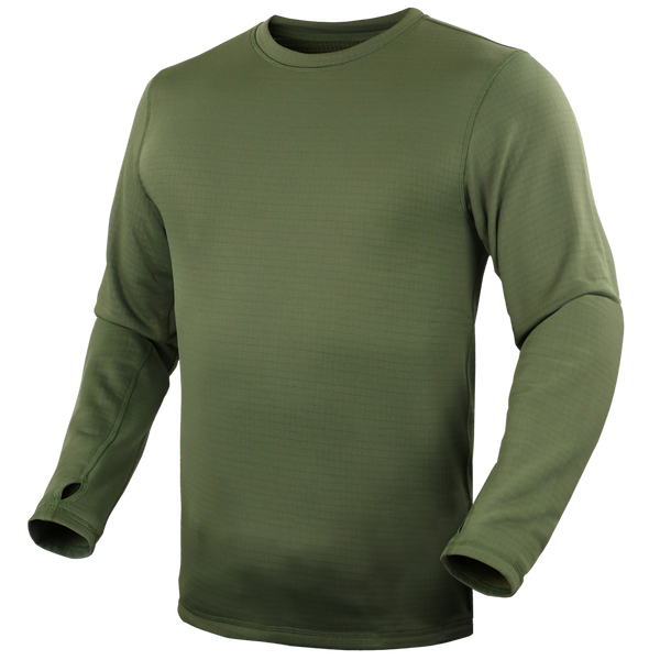 The Condor Base II Crew Pullover is an olive green, long-sleeve crewneck shirt with thumbholes—perfect for bushcraft adventures—shown on a plain background.