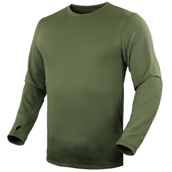 The Condor Base II Crew Pullover is an olive green, long-sleeve crewneck shirt with thumbholes—perfect for bushcraft adventures—shown on a plain background.