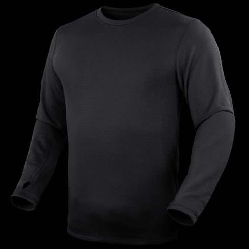The Condor Base II Crew Pullover is a plain black long-sleeve shirt with thumbholes and a crew neck, ideal for EDC or law enforcement use, shown on a featureless background.